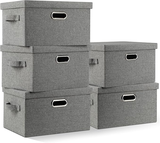 Graciadeco Medium 15" 21 Quart Collapsible Stackable Storage Bins with Lids, 5 Packs Grey Foldable Fabric Closet Boxes Heavy-