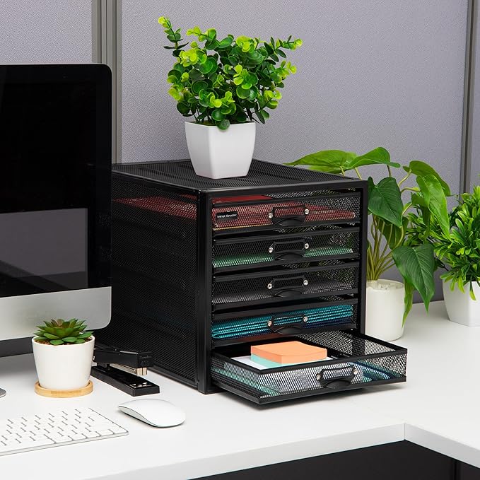 Mind Reader File Storage Drawers, Desk Organizer, Multi-Purpose, Crafts, Office, Metal Mesh, 11"L x 14"W x 11"H, Black, 5 Dra
