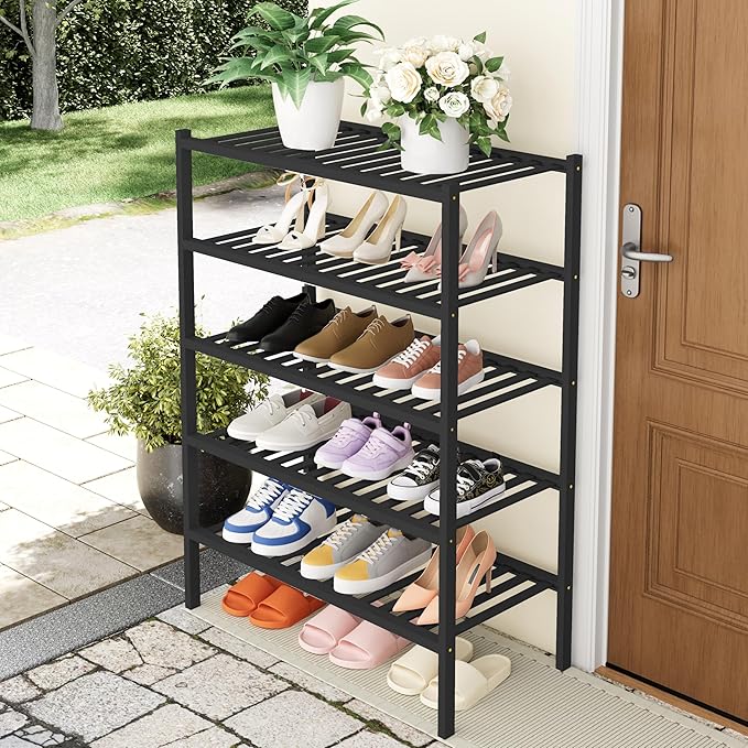 Smiry Shoe Rack, 5 Tier Thick Bamboo Shoe Organizer, Stackable Free Standing Wooden Shoe Storage Shelf for Closet, Entryway, 