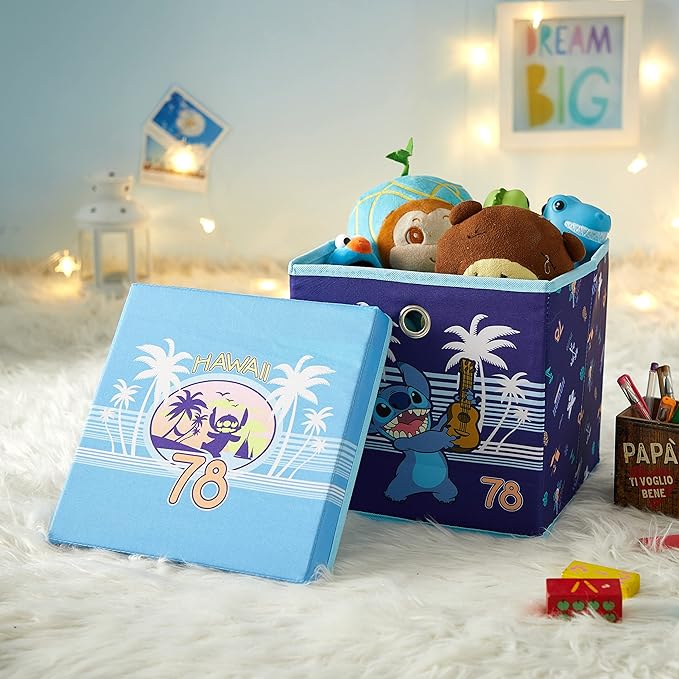 Lilo & Stitch Collapsible Storage Cube with Removable Lid,10"x10"x10" Fabric Organizer Bin for Kids’ Toys, Clothes & Accessor