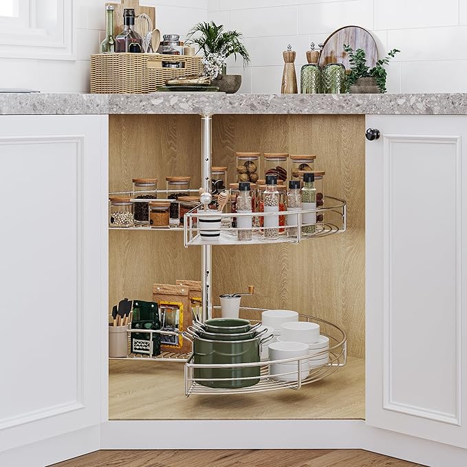 DWVO 31″ Kidney 2-Tier Lazy Susan – Telescoping Mount Corner Cabinet Organizer with Pie-Shelf Design, for Bathroom,Kitchen Ca