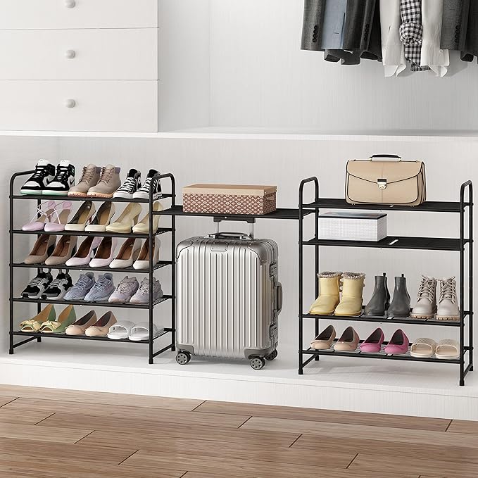 Simple Trending 5-Tier Stackable Shoe Rack, Expandable & Adjustable Shoe Organizer Storage Shelf, Wire Grid, Black