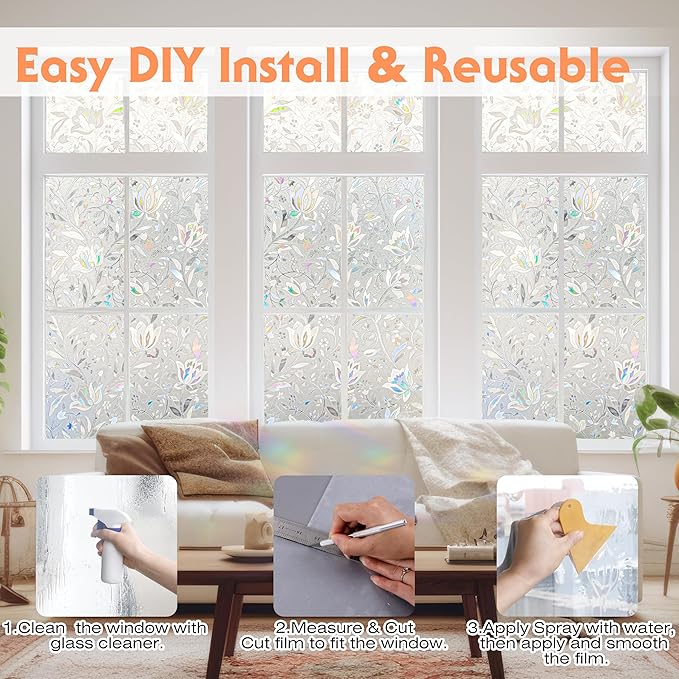 Rainbow Tulip Stained Frosted Glass Window Sticker - Static Non-Adhesive, No-Glue Window Cling (23.6'' x 78.7'')