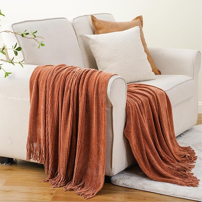 BATTILO HOME Rust Orange Throw Blanket for Couch, Soft Chenille Knit Throws with Tassels for Home Decor, Fall Caramel Throws 