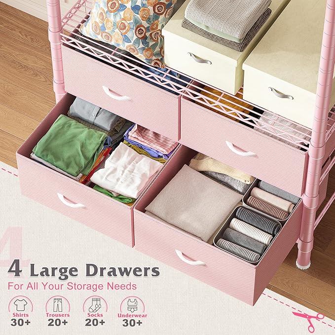 Raybee Clothes Rack, Clothing Rack for Hanging Clothes with 4 Drawers Load 420LBS Heavy Duty Garment Rack with Drawers, Pink