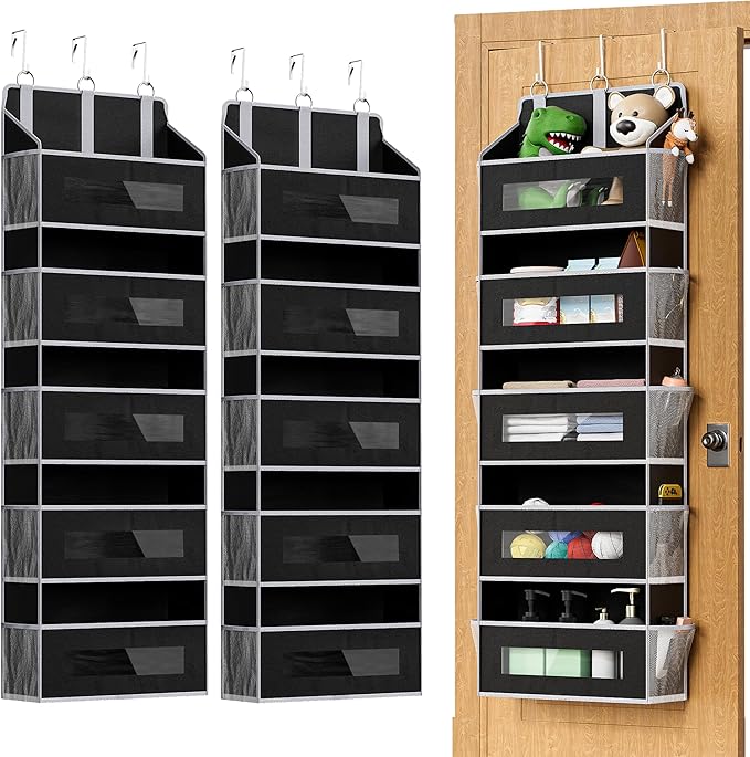 5 Tier Over The Door Organizer - Large Capacity Behind Door Hanging Shelves with 10 Mesh Pockets and Clear Windows, Closet Or