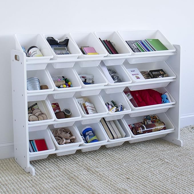 Humble Crew Extra-Large Toy Organizer with 20 Plastic Bins – White/White Storage Rack with 4-Tier Shelves, Anti-Tip Safety, f