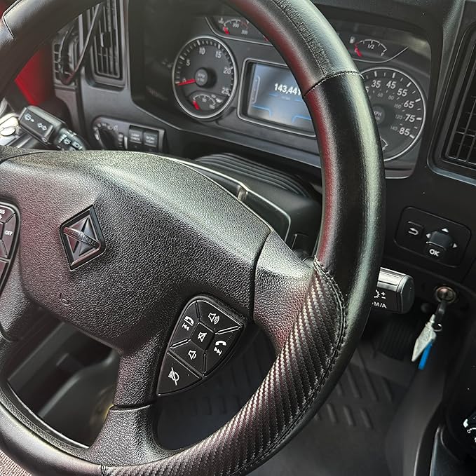 18-Inch Genuine Leather Steering Wheel Cover for Semi Trucks – Black with Black Stripes, Universal Fit Heavy-Duty Non-Slip Grip, Comfortable Control, Easy Installation