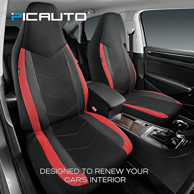 PIC AUTO Car Seat Covers - High Back Front Seat Covers, Sports Carbon Fiber Mesh Design, Universal Fit, Airbag Compatible (Re