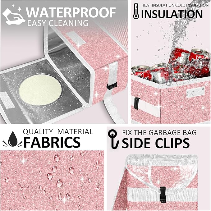 Cute Mini Car Trash Bag with Lid, Glitter Garbage Can Bin Hanging for Back/Front Seat/Console, Waterproof, Leakproof, 2.5 Gallon, Pink Bling Sparkly