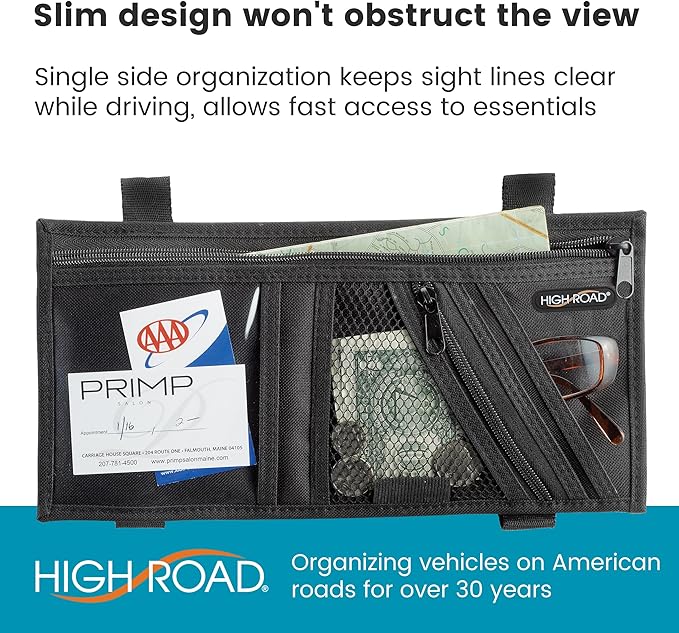 High Road Car Visor Organizer with Secure Zip Pockets, Sunglasses Holder and Clear Registration and Insurance Pocket - Heavy Duty Straps Fit Most Car, SUV and Truck Visors (6)