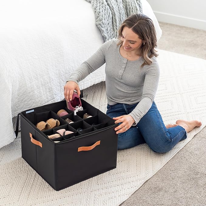 OrganiHaus Large Shoe Storage Bin for Closet, Shoe Organizer Box Fits up to 16 Pairs, Collapsible Fabric Shoe Basket w/Clear 