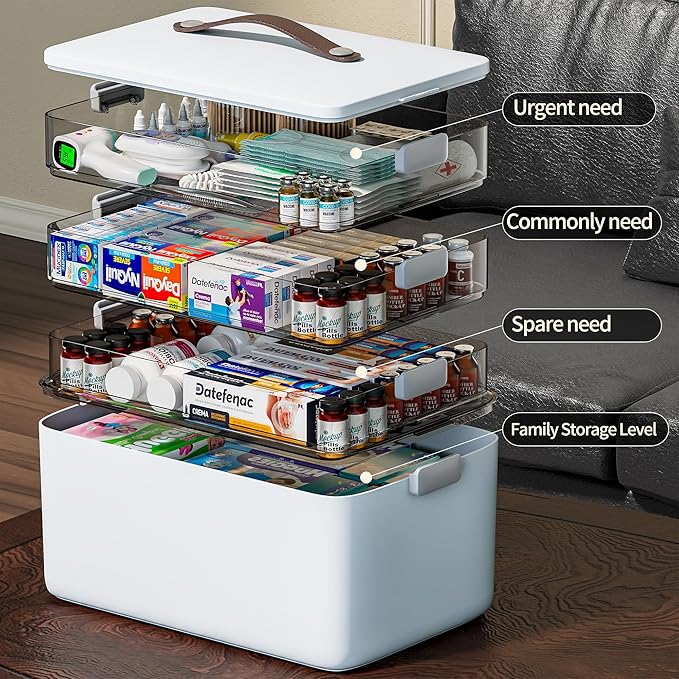 CTIME 4-Tier XL Medicine Organizer - Portable Medicine Cabinet with Leather Handle, Empty First Aid Kit for Home Organization