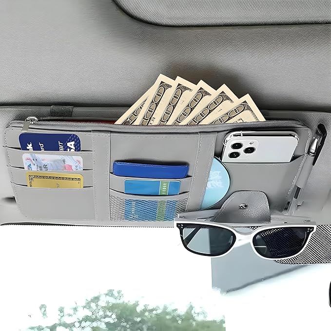 2 Pack Car Visor Organizer for Ford F150 2021-2025, Sun Visor Storage Pouch Premium PU Leather Interior Accessories Pocket Multi-Function Card Holder,Grey