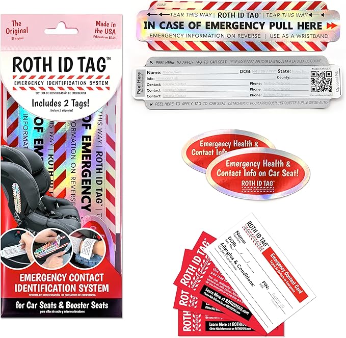 Emergency Contact Identification System for Car Seats, Booster Seats, Baby Gear | Mega ROTH ID TAG Kit (10 Tags)