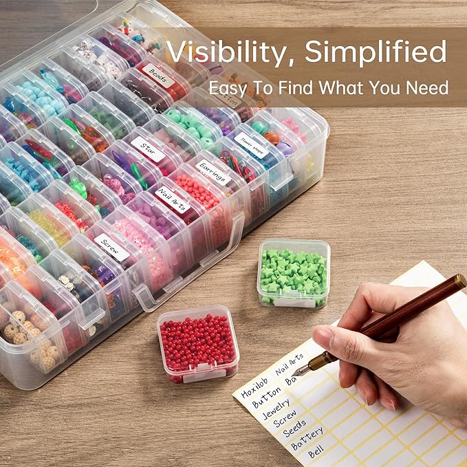 Bead Organizer Box, 60 Pack Small Clear Storage Boxes with Labels, Large Travel Craft Case with Handle, Mini Plastic Containe