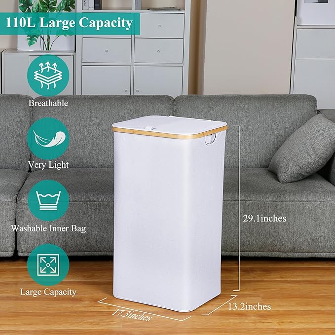 iEGrow 110L Laundry Hamper with Lid，Dirty Clothes Hampers for Laundry,Laundry Basket with Bamboo Handles and Removable Bag,Ha
