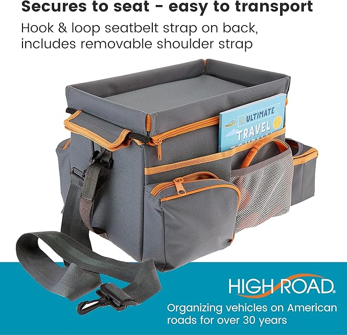 High Road CarHop Car Seat Organizer for Kids and Adults with Cup Holder Tray, Side Pockets and Cooler Compartment (Medium, Gray)