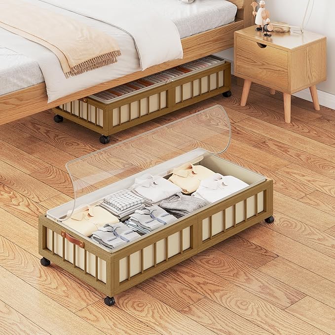 efluky 2-Pack Bamboo Under Bed Storage with Wheels, Rolling UnderBed Storage Basket with Large Dust Bag, Under Bed Storage Co