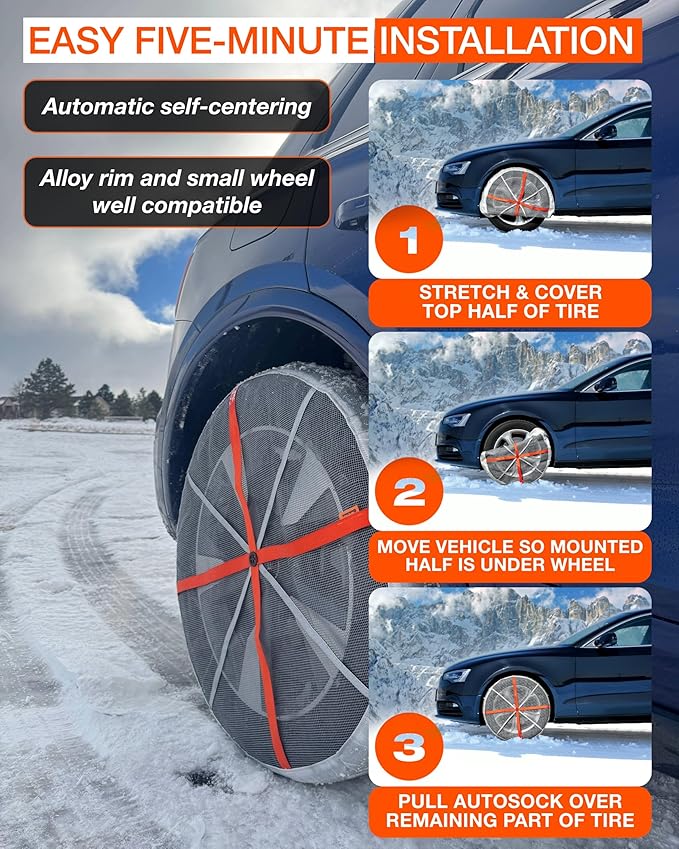 AutoSock Passenger Vehicle Snow Socks for Tires, HP870 - Car Sock Tire Traction Device for Snow, Ultimate Chain Alternative f