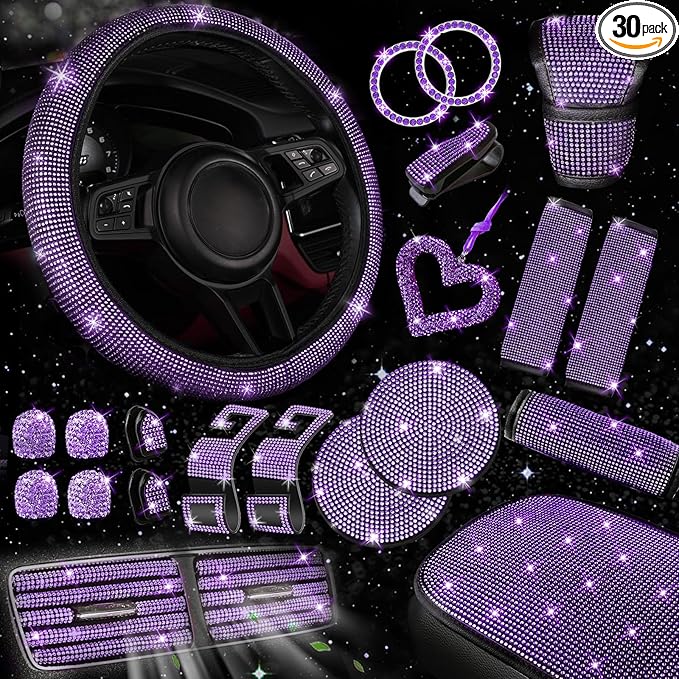 NBTEPEM 30 Pcs Purple Bling Car Accessories Set for Women, Purple Steering Wheel Cover Set, Bling Console Cover, Seat Belt Cushion, Shift Knob Cushion, Cup Coaster, Rhinestone Car Hanging Accessories