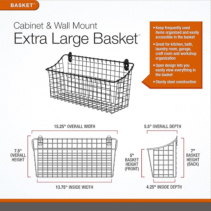 Spectrum Diversified Vintage Wall Mount Storage Basket, X-Large (Pack of 2), Industrial Gray