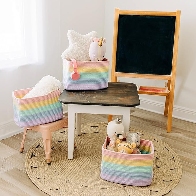 OrganiHaus Set of 3 Pastel Rainbow Baskets - Colorful Woven Storage Baskets for Playroom, Nursery & Classroom Decor, Toy Stor