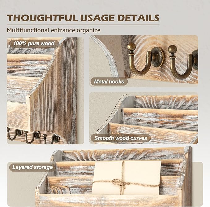 Rebee Vision Pine Wood Rustic Key Holder Wall Mount - Farmhouse 3-Tire Mail Holder with 6 Key Hooks - Multifunctional Wall Or