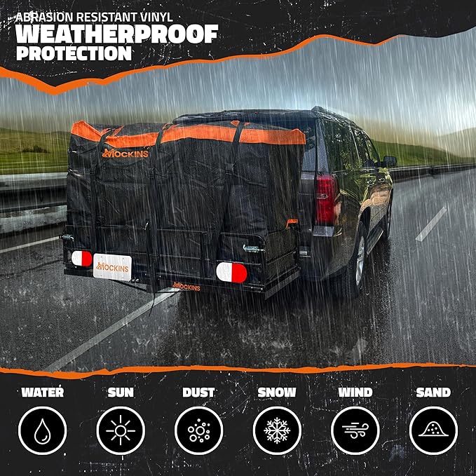 Mockins 30 Cubic Ft. Trailer Hitch Cargo Carrier Bag & 6 Packing Cubes 29"x23"x12" | 60"x24"x36" Waterproof Cargo Bag for Hitch Carrier | Set of Vehicle Soft-Shell Carriers with Buckle Straps & Lock