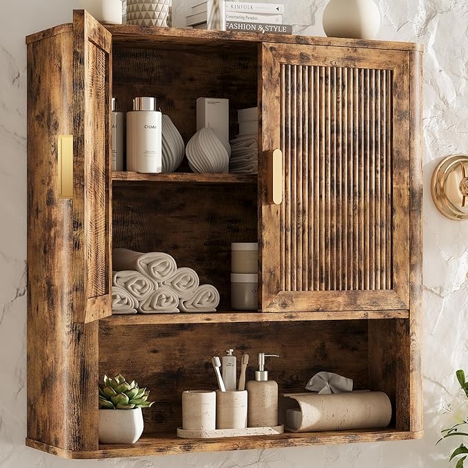 INNOD Bathroom Wall Cabinet, Wall-Mounted Medicine Cabinet with Adjustable Wood Shelf & Doors, Floating Bathroom Cabinet Over