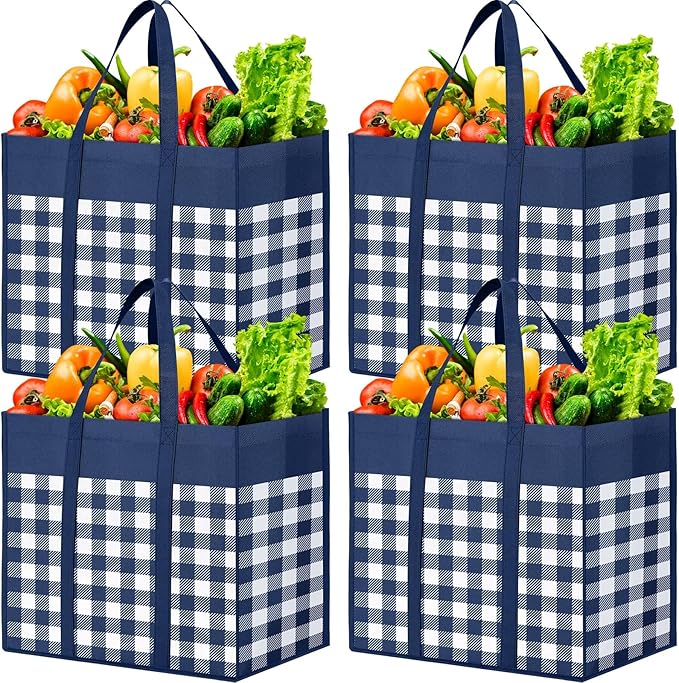 WOWBOX Reusable Grocery Bags,4-Pack, Foldable Reusable Shopping Tote Bags bulk with Reinforced Handles,Large Storage Bags with Water Resistant Coating for Groceries,Multipurpose,Blue-White