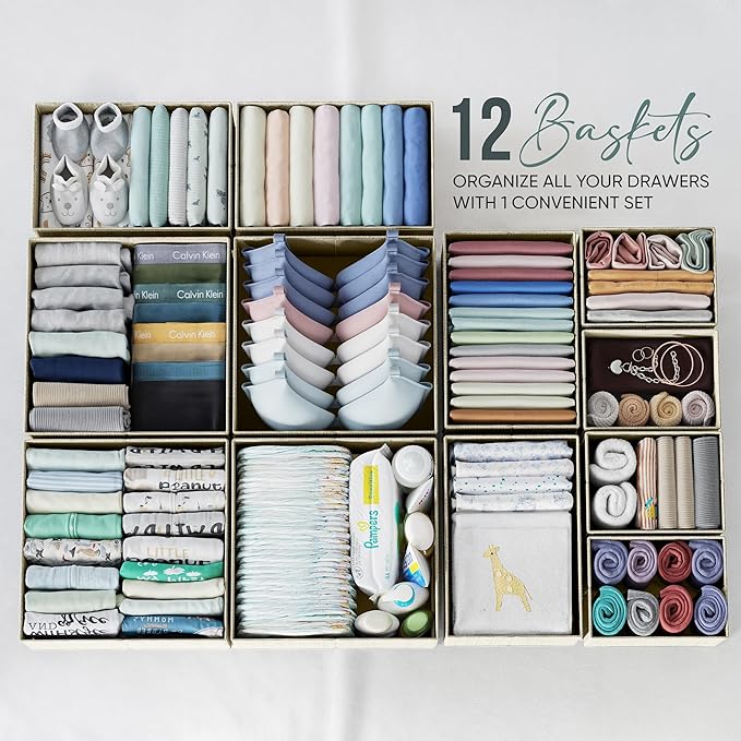 Drawer Organizer Clothes Set of 12 Beige - Dresser Organizer For Nursery, Bedroom, Closet - The Perfect Baby Clothes Organize