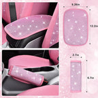CAR PASS 24 PCS Pink Bling Diamond Accessories Set for Women, Leather Seat Covers, 15'' Steering Wheel Cover, Shining Rhinestone Sparkly Hooks, Coasters, Cute Interior Decorations
