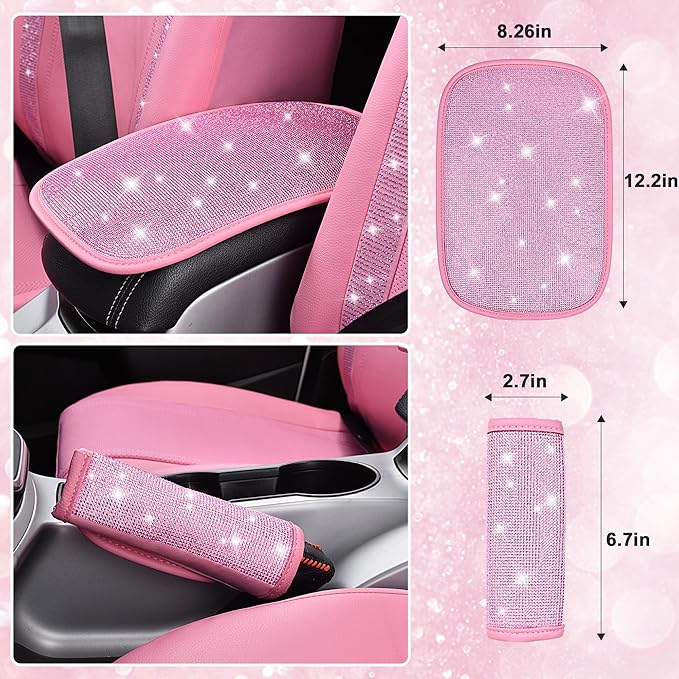 CAR PASS 24 PCS Pink Bling Diamond Accessories Set for Women, Leather Seat Covers, 15'' Steering Wheel Cover, Shining Rhinestone Sparkly Hooks, Coasters, Cute Interior Decorations