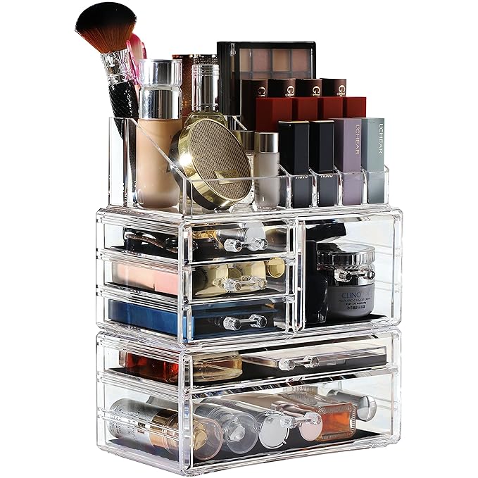 Cq acrylic 3 Pack Clear Makeup Organizer Countertop, Stackable 6 Drawers Skincare Organizer,Cute Skin Care Organizer for Vani