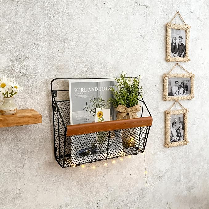 Wall Mounted Magazine Rack with Leather Trim, Decorative Art Wall Magazine Holder, Hanging Paper Organizer, Metal Wire Magazi
