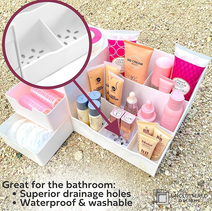 Uncluttered Designs Large Makeup Organizer for Vanity - Countertop Desk With Drawers for Cosmetic, Beauty, Hair, Nail, Perfum