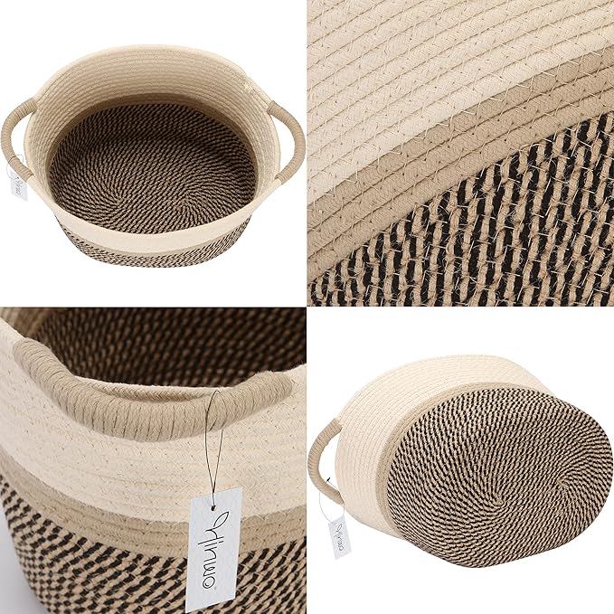 Hinwo Oval Cotton Rope Storage Basket Collapsible Nursery Storage Box Container Organizer with Handles, 13 x 10 inches, Cream