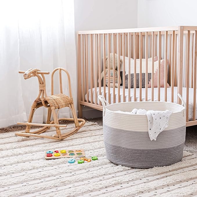OrganiHaus Large Woven Storage Basket for Blankets and Toys 20" x 13" Inch, Rope Laundry Basket with Handles, Cushions & Pill