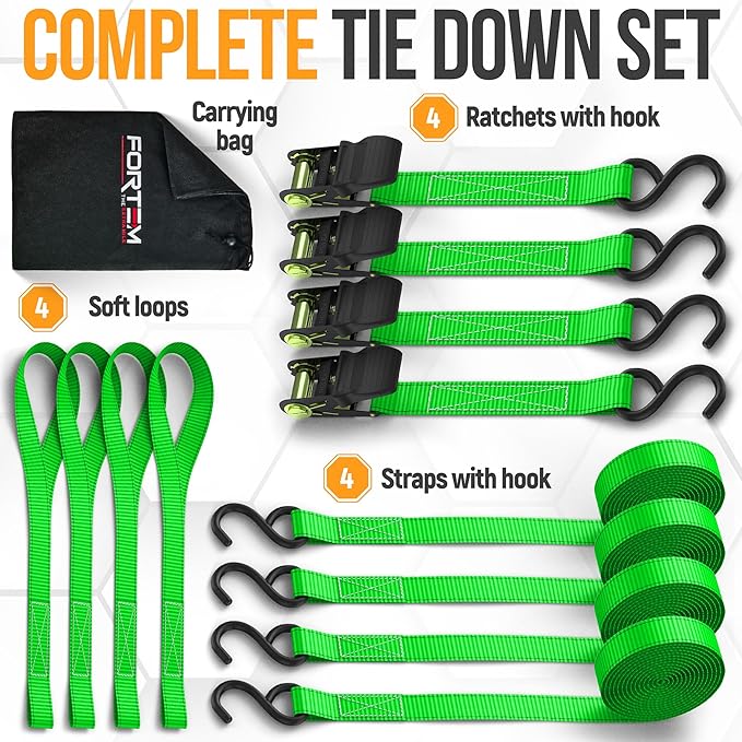 FORTEM Ratchet Straps, Tie Down Strap Set 1650lb Break Strength, 4 Pack 15ft x 1in, 4 Soft Loops, Moving Straps Tie Downs, Cargo Cam Buckles for Trucks, Carry Bag, for Men