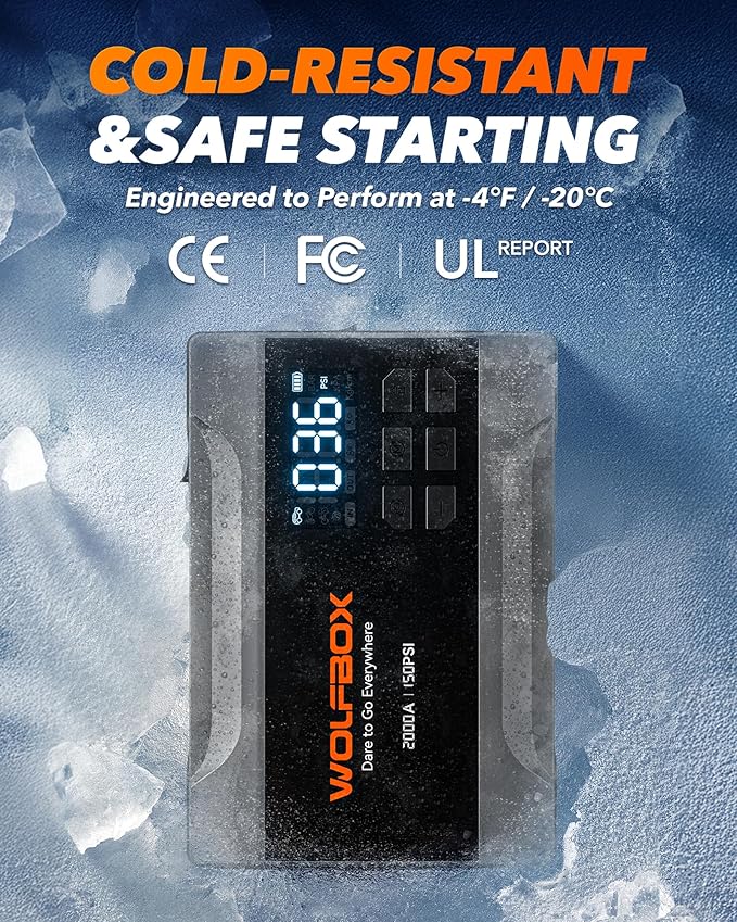 WOLFBOX 2000A Jump Starter with Air Compressor, 37Wh Car Battery Jumper Starter Portable (up to 5L Gas Engine) with 150PSI