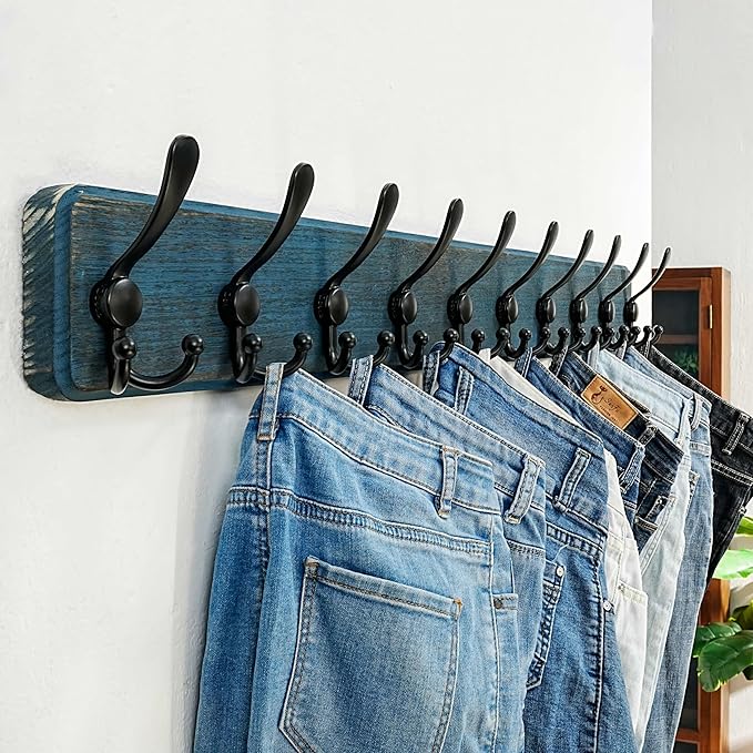 Dseap Coat Rack Wall - Heavy-Duty 38-1/4" Long, with Reinforced 10 Custom Tri-Hooks, Solid Wood Wall Hanger for Coats Hat Jac