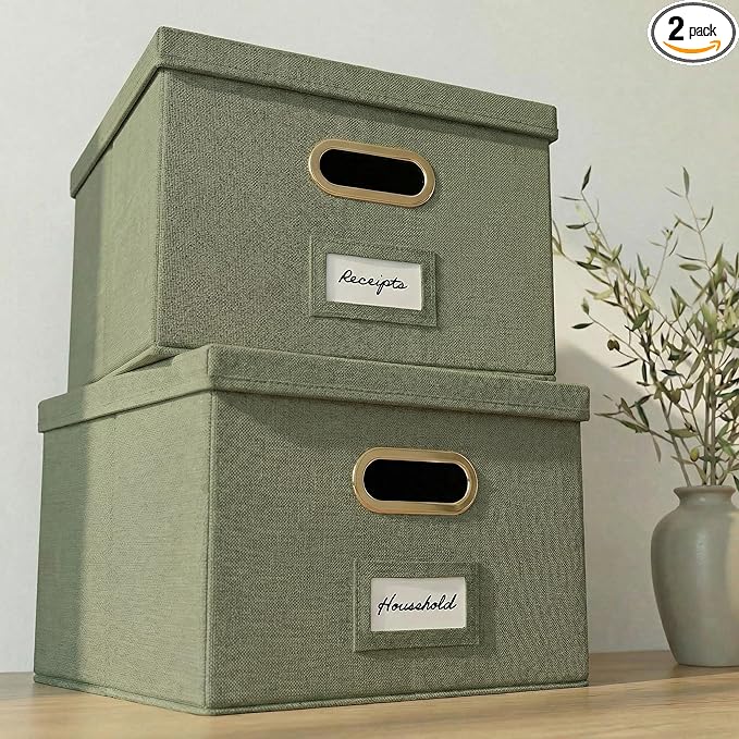 ZICOTO Decorative File Organizer Box Set of 2 - Collapsible Linen Filing Cabinets w/Handles Are Perfect to Store all Your Doc