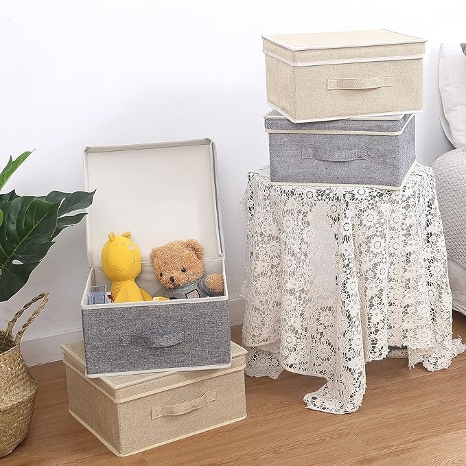 Storage Bins with Lid, Foldable Clothing Storage Box case with Handle for Closet, Bedroom, Home, Gray+Apricot, 13L x 12.5W x 