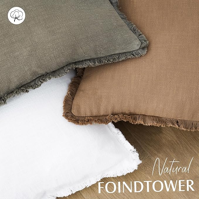 Foindtower Set of 2 Decorative Linen Fringe Throw Pillow Covers Cozy Boho Farmhouse Cushion Cover with Tassels Soft Accent Pi