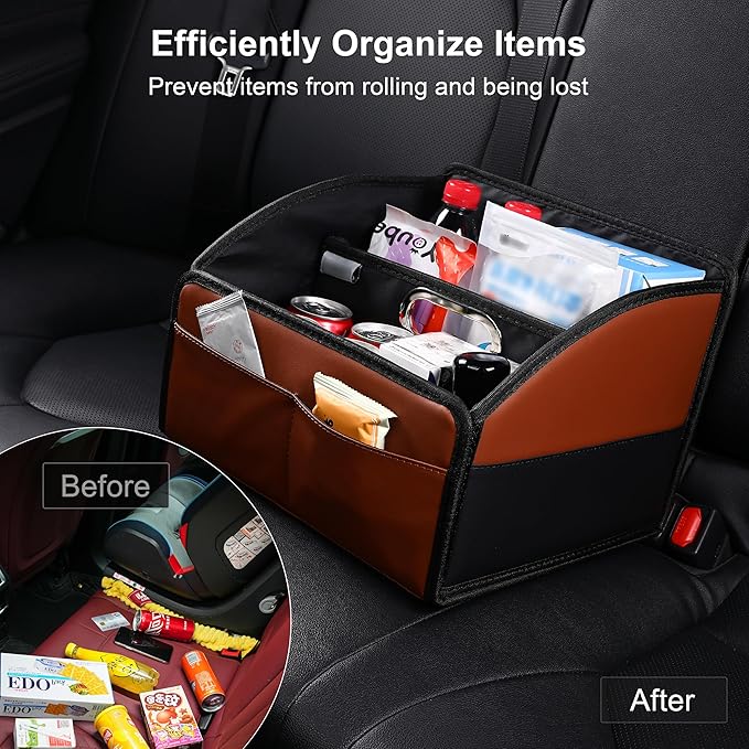[2025 UPDATED] Leather Car Seat Organizer, Foldable Storage Box for Front Seat, Back Seats & Floor - Removable Divider,