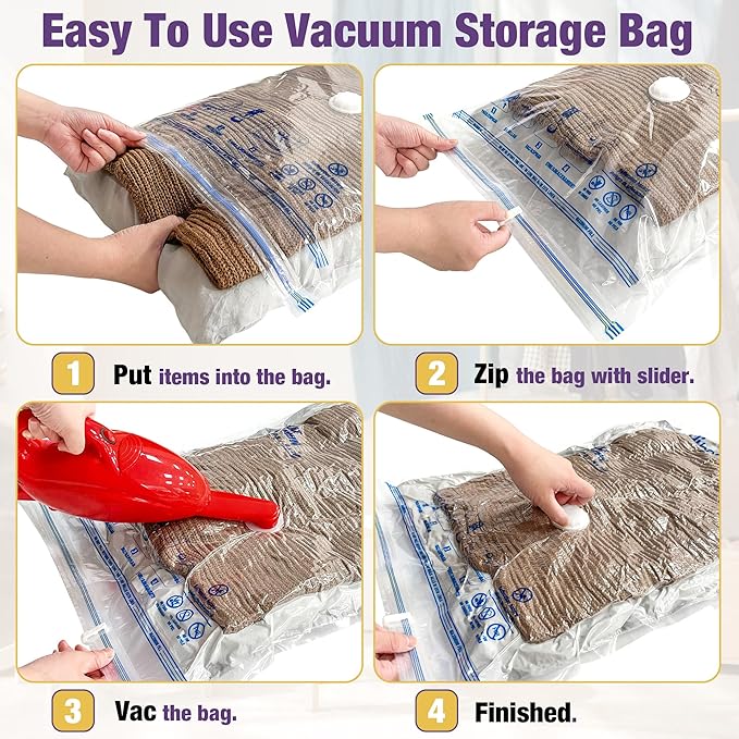 HIBAG Vacuum Storage Bags, 10-Pack Vacuum Seal Bags for Clothing Clothes, Space Saver Bags (2 Jumbo, 2 Large, 2 Medium, 2 Sma