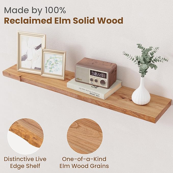 Floating Shelves for Wall Decor, Rustic Solid Elm Wood Live Edge Floating Shelves Wall Mounted, Wall Shelves with Invisible B