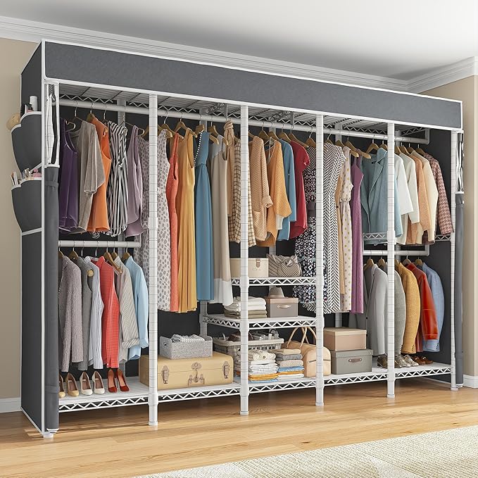 Raybee 90.6" W Extra-Large Clothes Rack with Cover, Freestanding Clothing Racks for Hanging Clothes, Heavy Duty Closet Organi