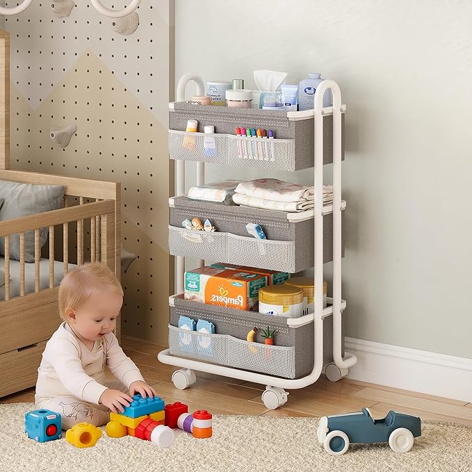 3-Tier Baby Diaper Caddy Organizer Cart, Mobile Nursery Storage Carts with Wheels, 3 Dividers & 6 Mesh Pockets Durable Metal 